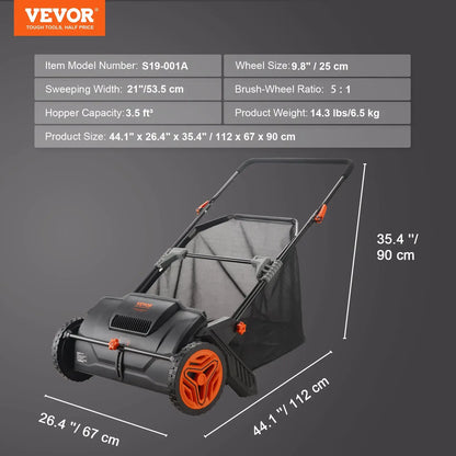 【fathersdaygift】VEVOR Push Lawn Sweeper 21-Inch Leaf & Grass Collector with 3.5 cu. ft. Mesh Collection Hopper Bag,2 Spinning Brushes & Strong Rubber Wheels