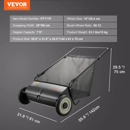 【fathersdaygift】VEVOR Push Lawn Sweeper 21-Inch Leaf & Grass Collector with 3.5 cu. ft. Mesh Collection Hopper Bag,2 Spinning Brushes & Strong Rubber Wheels
