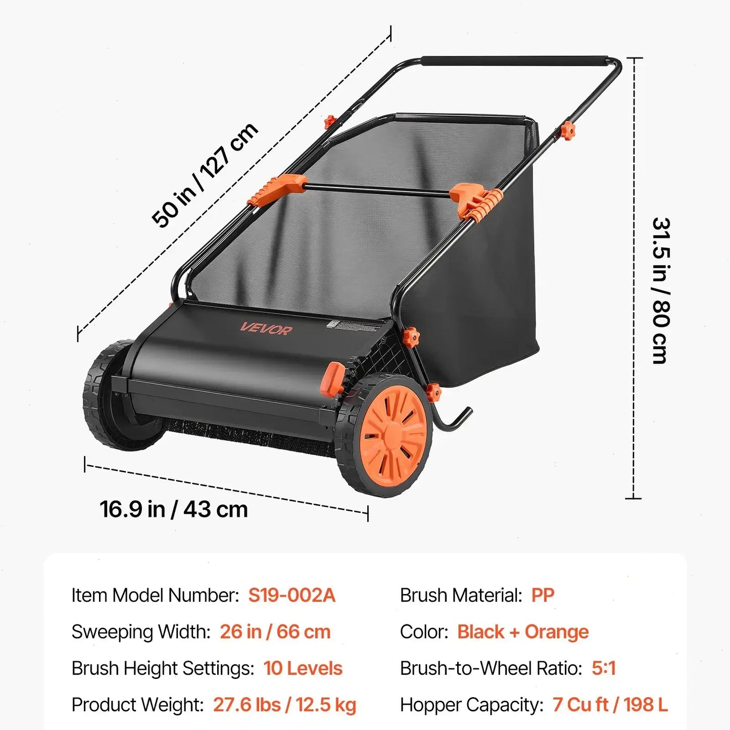 【fathersdaygift】VEVOR Push Lawn Sweeper 21-Inch Leaf & Grass Collector with 3.5 cu. ft. Mesh Collection Hopper Bag,2 Spinning Brushes & Strong Rubber Wheels
