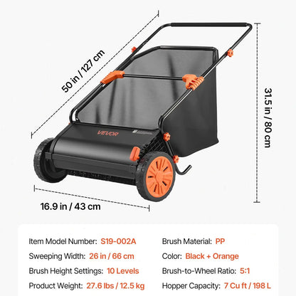 【fathersdaygift】VEVOR Push Lawn Sweeper 21-Inch Leaf & Grass Collector with 3.5 cu. ft. Mesh Collection Hopper Bag,2 Spinning Brushes & Strong Rubber Wheels