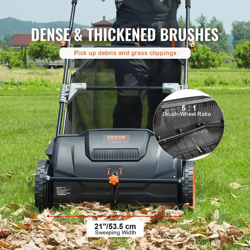 【fathersdaygift】VEVOR Push Lawn Sweeper 21-Inch Leaf & Grass Collector with 3.5 cu. ft. Mesh Collection Hopper Bag,2 Spinning Brushes & Strong Rubber Wheels