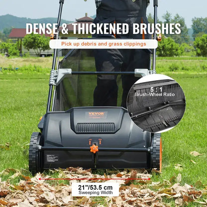 【fathersdaygift】VEVOR Push Lawn Sweeper 21-Inch Leaf & Grass Collector with 3.5 cu. ft. Mesh Collection Hopper Bag,2 Spinning Brushes & Strong Rubber Wheels
