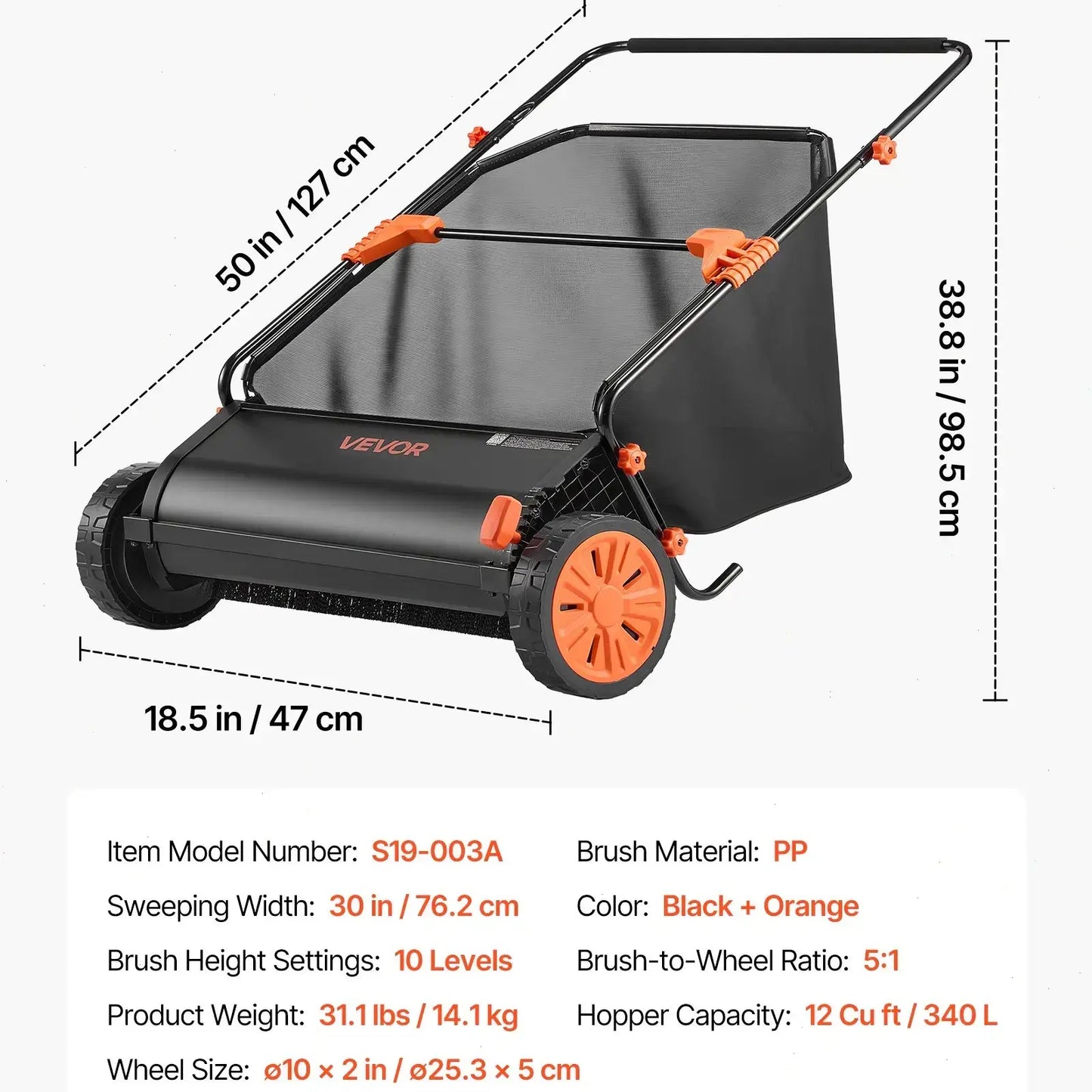 【fathersdaygift】VEVOR Push Lawn Sweeper 21-Inch Leaf & Grass Collector with 3.5 cu. ft. Mesh Collection Hopper Bag,2 Spinning Brushes & Strong Rubber Wheels