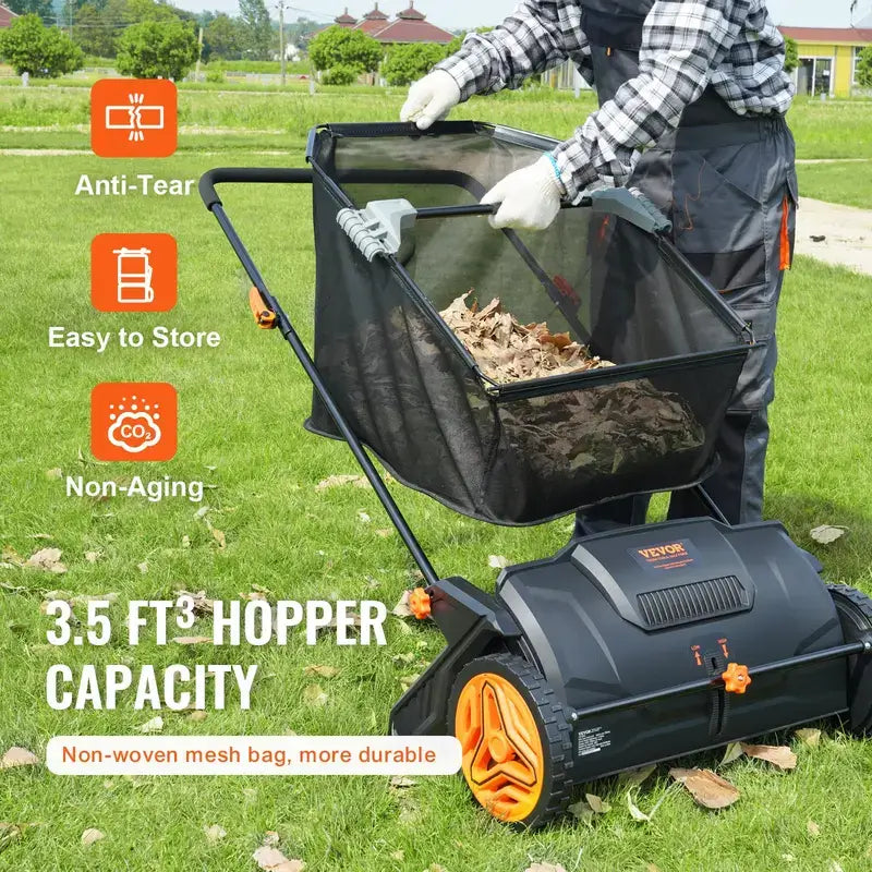 【fathersdaygift】VEVOR Push Lawn Sweeper 21-Inch Leaf & Grass Collector with 3.5 cu. ft. Mesh Collection Hopper Bag,2 Spinning Brushes & Strong Rubber Wheels