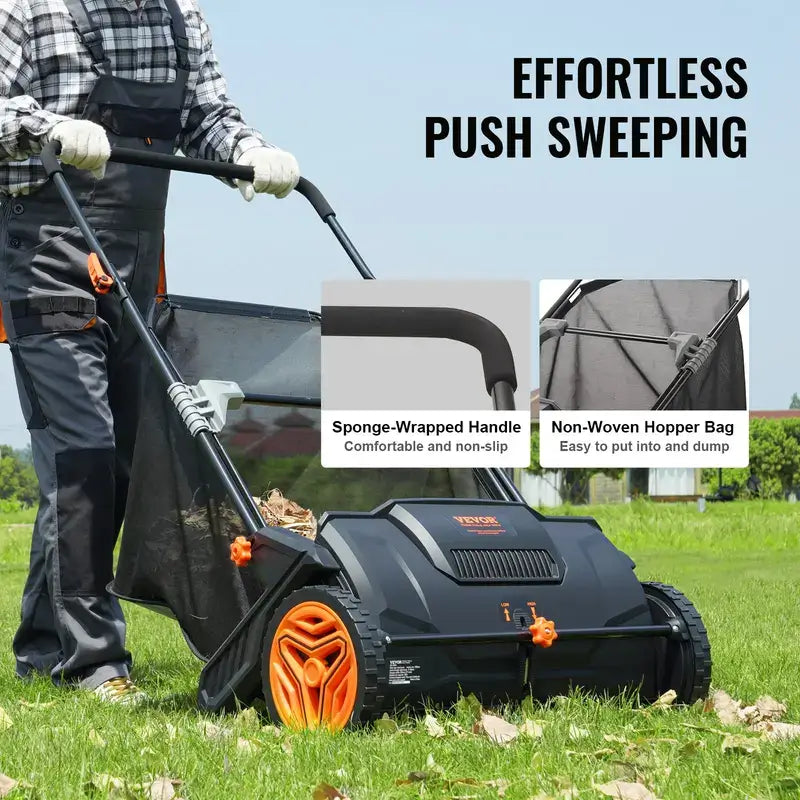 【fathersdaygift】VEVOR Push Lawn Sweeper 21-Inch Leaf & Grass Collector with 3.5 cu. ft. Mesh Collection Hopper Bag,2 Spinning Brushes & Strong Rubber Wheels
