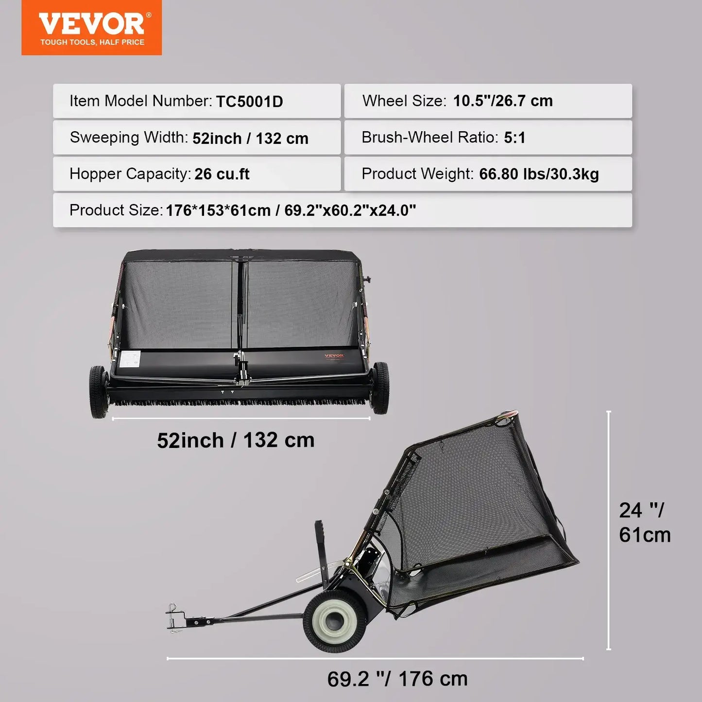 【fathersdaygift】VEVOR Push Lawn Sweeper 21-Inch Leaf & Grass Collector with 3.5 cu. ft. Mesh Collection Hopper Bag,2 Spinning Brushes & Strong Rubber Wheels