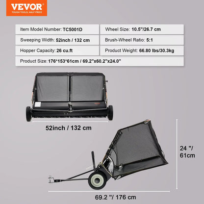 【fathersdaygift】VEVOR Push Lawn Sweeper 21-Inch Leaf & Grass Collector with 3.5 cu. ft. Mesh Collection Hopper Bag,2 Spinning Brushes & Strong Rubber Wheels