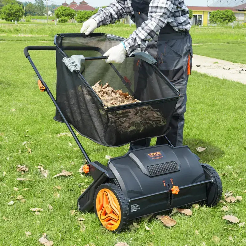 【fathersdaygift】VEVOR Push Lawn Sweeper 21-Inch Leaf & Grass Collector with 3.5 cu. ft. Mesh Collection Hopper Bag,2 Spinning Brushes & Strong Rubber Wheels